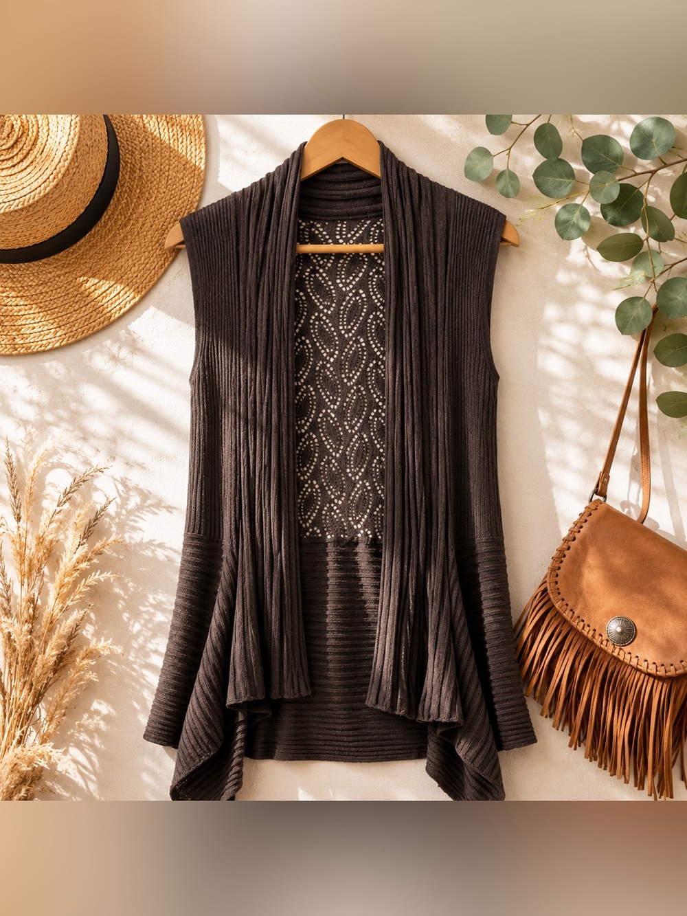 Brown Sleeveless Drape Cardigan Vest Open Front Boho Festival